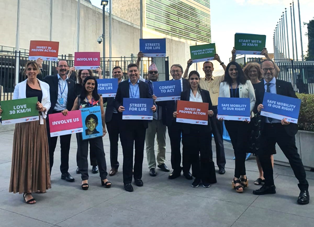Road safety partners outside the UN building celebrate HLM