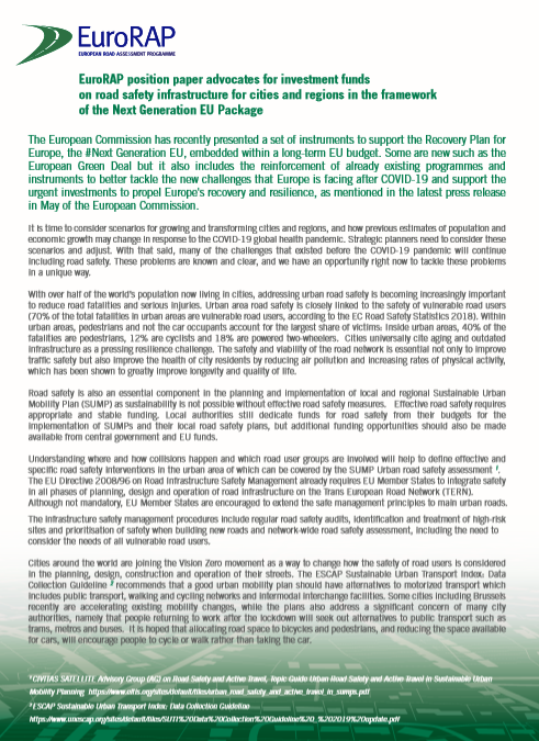 EuroRAP position paper advocates for investment funds on road safety infrastructure for cities and regions in the framework of the Next Generation EU Package